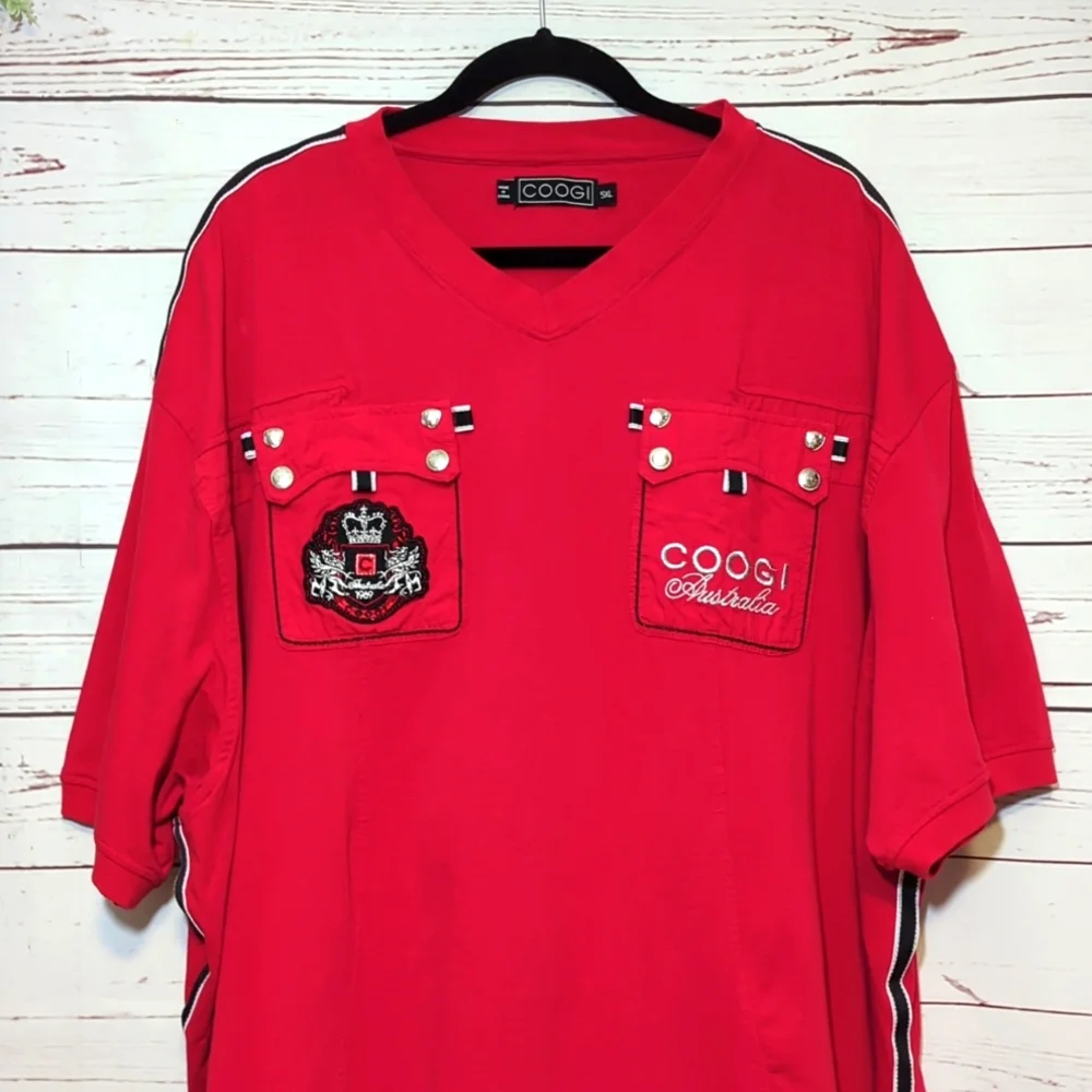 Coogi Australia T-Shirt V-Neck Y2K Pockets Patch Embroidery Men's 5XL Streetwear